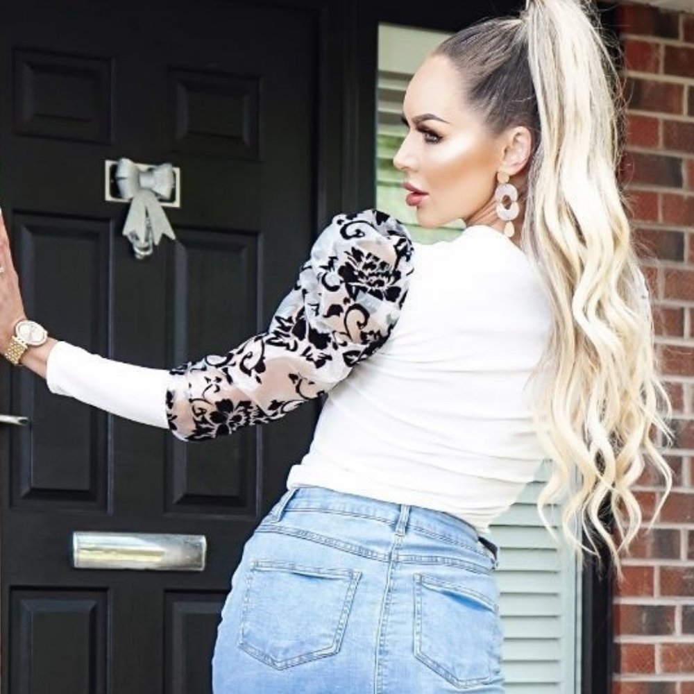 LAST 1! White Long Sheer Puff Sleeve High Neck Top - Picture 2 of 7